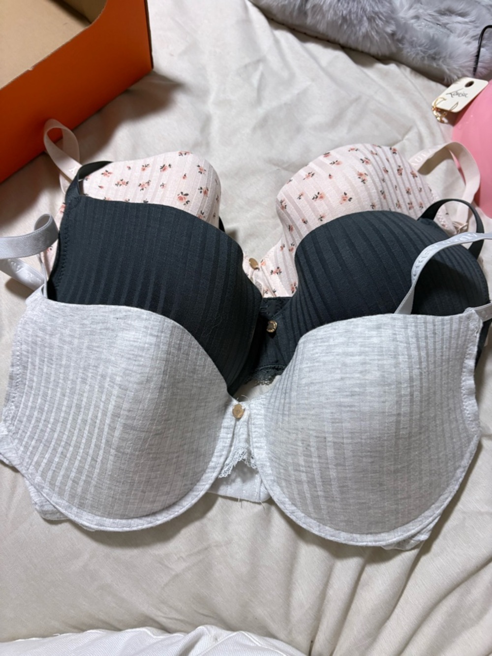 Laura Ashley 3-Pack Padded Bras in Gray, Black & Blush Floral